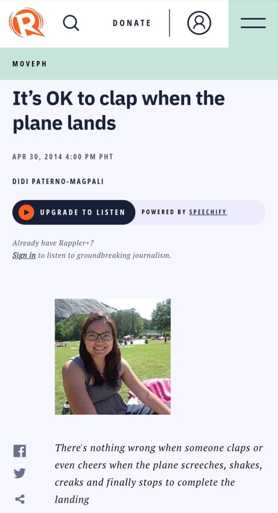 Didi Paterno's essay on Rappler entitled "It's OK to Clap When the Plane Lands"