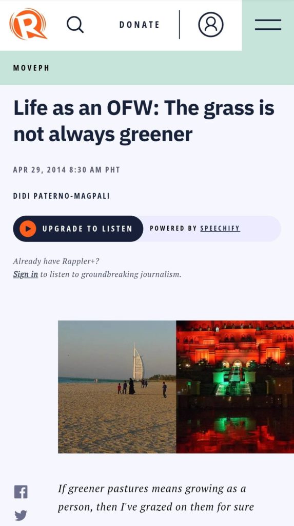 Didi Paterno's essay on Rappler entitled "Life as an OFW: The Grass is not always greener"